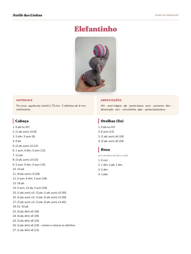 Receita de elefantinho de amigurumi com foto do bichinho pronto